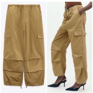 Zara Parachute Cargo Jogger Pants Oil Brown NWT